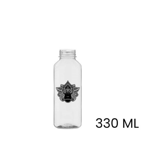 Sap & smoothie fles, bedrukt, vierkant, 330 ml, inclusief dop, leeg, pet